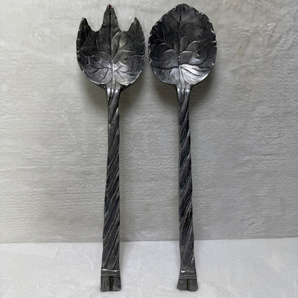 VTG Cast Metal Leaf Salad Serving Set Silver Tone Rustic Botanical Twig Handle‎